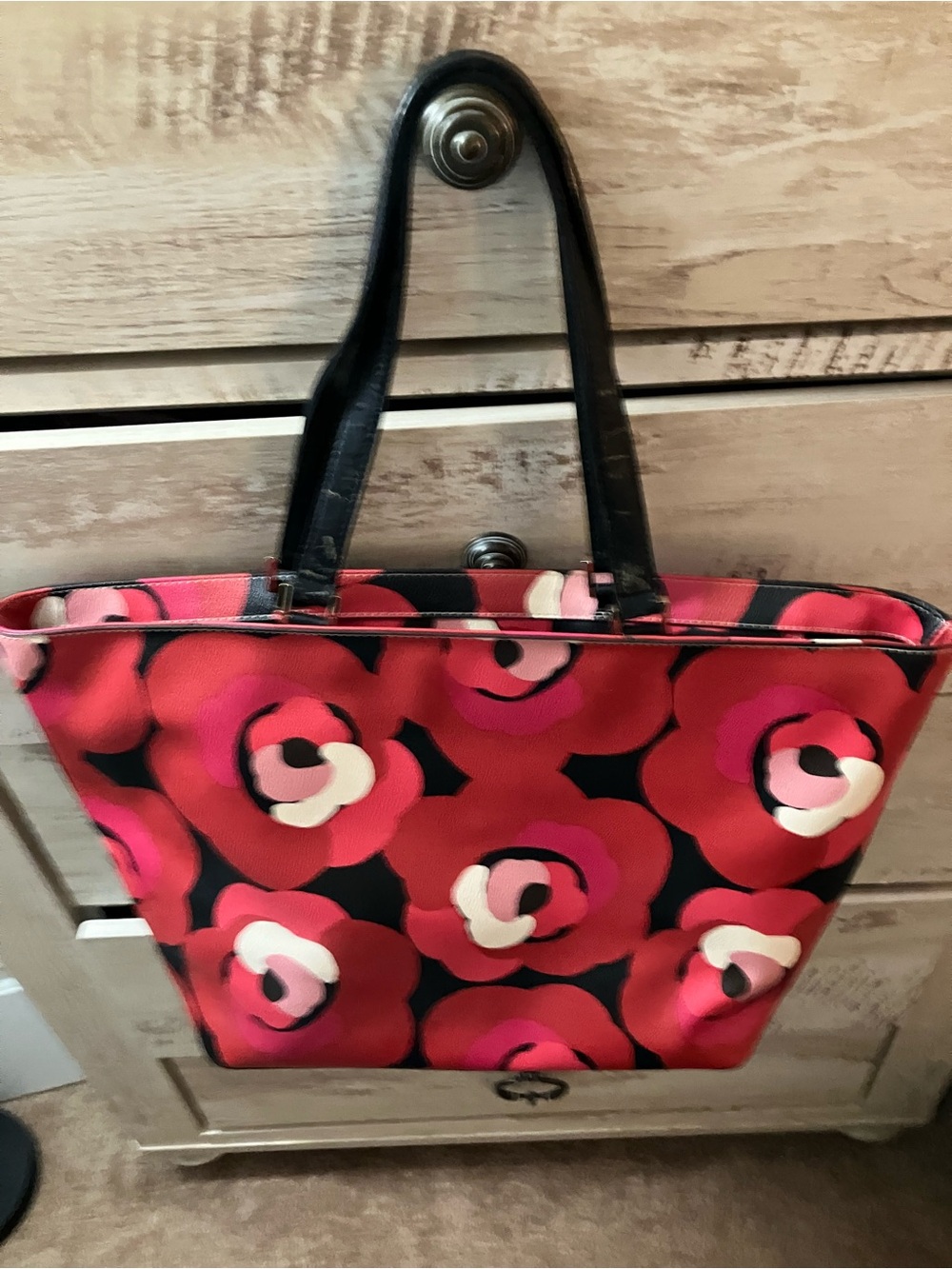 Red Floral Tote with Black Handles